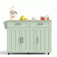 Merax Chariot de cuisine 129x46-71x91.5 cm, îlot mobile avec plan rabattable, 3 portes et 2 tiroirs, roulettes/pieds bois, vert sauge - vert Bois man