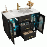 Merax meuble vasque mural 76 × 46 × 55 cm, meuble noir avec vasque céramique, LED RGB via app, 2 tiroirs et portes vitrées - noir multi-matériau
