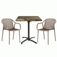 Table extérieure carribean 60x60 cm pied t-one pliable avec 2 fauteuils salou - tigaone - 3701680324963
