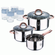 BERGNER - Batterie de Cuisine de 5 Pièces Ø16/18/20cm en Acier Inoxydable compatible induction avec jeu de 4 verres de 0,5 L NOIA - multi-matériau