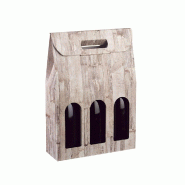 Boite 3 bouteilles à poignée carton imitation bois 27x9x38,5cm - par 30