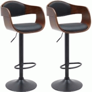 Décoshop26 - Set de 2 tabourets de bar chaises hautes pieds trompette en métal noir assise en bois marron et similicuir noir TDB10764 - marron 30002 Décoshop26 - Set de 2 tabourets de bar chaises hautes pieds trompette en métal noir assise en bois marron et similicuir noir TDB10764 - marron 30002