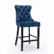 Merax Chaise de bar lot de 2, velours bleu, pieds en bois noir, avec anneau de poignée et rivets, rembourrée, tabouret de bar de cuisine bas - bleu