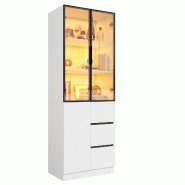 Merax Vitrine 60 x 40 x 180 cm, vitrine sur pied avec 2 portes vitrées, tiroirs, application LED et cadre en aluminium, blanc - blanc multi-matériau