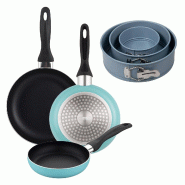 BERGNER - Set de 3 Poêles Ø16/20/24cm en Aluminium Pressé Bleu mat avec Ensemble de 3 Moules de Four Ronds Ø12/18/22cm - PK9925