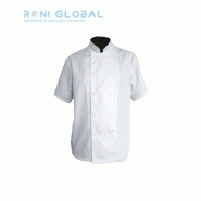 Veste de cuisine manches courtes blanche en coton serge - PBV - Fermeture double boutonnage et œillets d'aération_0