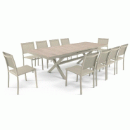 Oviala Business Table jardin extensible en céramique 200 cm avec 10 chaises crème - beige aluminium 116667