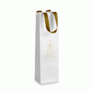 Sac 1 bouteille texturé blanc Sapin or poignées ruban or 11x9x39cm - par 10