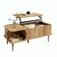 Merax Table basse réglable en hauteur 100 x 48 x 55,5 cm avec porte coulissante, rangements et aspect rainure verticale, coloris bois naturel - multi