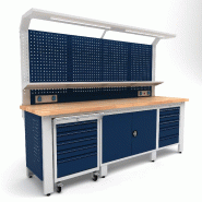 Établi d'atelier industriel 2560 mm PRACO W T64 - Plateau en hêtre massif - Éclairage LED - Tiroirs et armoire MW Tools PRAW2500T64