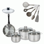Lot Poêle 20cm & 3 Faitouts 16/20/24cm Fackelmann Généva avec 6 ustensiles - gris inox 3176239921953