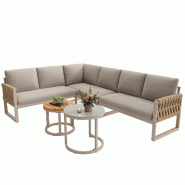 Merax salon de jardin modulable pour 5 à 6 personnes, comprenant 2 tables et 3 canapés doubles, avec coussin d'assise et coussin de dossier, beige -