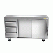 Meuble bas inox 1600x600 mm avec 3 tiroirs à gauche sur roulettes PREMIUM - GOLDINOX - gris inox 3701770814404