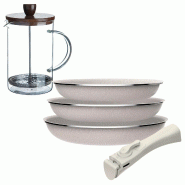 BERGNER - Jeu de 3 Poêles Ø18/20/24 cm aluminium Embouti Antiadhésif avec Manche Amovible et Cafetière à Piston en Verre Borosilicate 15,8×10×1