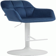 Décoshop26 - Tabouret de bar chaise haute x1 fonction rotation 360° en velours bleu avec coutures décoratives piètement métal blanc 10_0006549 -