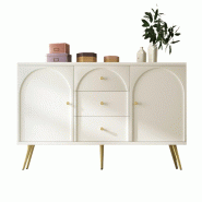 Merax Buffet, Commode avec 2 Portes et 3 Tiroirs, étagère réglable, Blanc crème-H84/L140/P40 cm - blanc multi-matériau AB20439798B