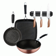BERGNER Copper - Jeu de poêle grill 28x28 cm, wok Ø28 cm et poêle Ø20x4,5 cm en aluminium forgé avec revêtement avec couteaux de cuisine - PK8748