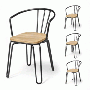 Kosmi Lot de 4 chaises en métal noir mat, bois clair – pieds épingle et dossier ajouré - Style industriel - noir métal 3760301699002