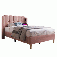 Merax Lit capitonné lit simple avec fonction de chargement USB Type C, lit capitonné rose, cadre de lit 90 x 200 cm - velours - rose multi-matériau