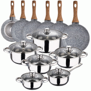 San Ignacio - Batterie de cuisine Cassel 14/16/18/20/24 cm en acier inoxydable avec ensemble de poêles Daimiel 18/20/22/26/28 cm en aluminium forgé