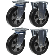 Roulette 200mm 8" en caoutchouc noir, pivotante et fixe, capacité de 1800kg, jeu de 4 Roulette 200mm 8" en caoutchouc noir, pivotante et fixe, capacité de 1800kg, jeu de 4