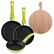 BERGNER - Ensemble de 3 poêles Ø20/Ø24/Ø28 cm en aluminium embouti Molen Vert avec planche à découper ronde 38 × 28 × 1,5 cm en bois de hêtre - PK9387