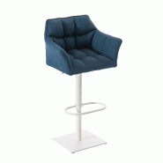 Décoshop26 - Tabouret de bar chaise haute de comptoir couture carrées assise en tissu bleu cadre en métal blanc 10_0004751 - bleu métal 3000252269115