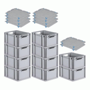 PROREGAL 10x Bac Euro NextGen Economy avec couvercle d'appui et 4 fermetures à glissière bleues poignées ouvertes 22x30x40cm 20L - noir plastique R