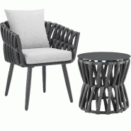 TecTake GmbH tectake Ensemble salon jardin Lugano design cordé aluminium table verre chaises coussins mobilier extérieur terrasse anthracite 62x65cm