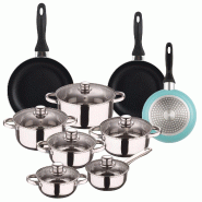 WellHome - Batterie de cuisine de 12pc en acier inoxydable avec Ensemble de 3 poêles Ø16/20/24cm Bleu mat en aluminium pressé - multi-matériau PK8184