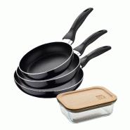 BERGNER - Set 3 Poêles aluminium Pressé Ø16/20/24cm Compatible Induction Navy Black avec Boîte Hermétique de 650 ml en Verre Borosilicate NATURAL