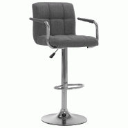 Décoshop26 - Tabouret de bar x1 chaise haute avec dossier et accoudoirs en tissu gris clair et cadre en acier DEC029476 - gris 3000257396076