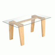COSTWAY Table basse en verre, table de côté, table de salon rectangulaire avec jambes en bois en caoutchouc, table en verre - marron verre VH33797ZM