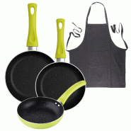 BERGNER - Jeu de 3 Poêles Ø20/Ø24/Ø28 cm en Aluminium Embouti Molen Vert avec Tablier de Cuisine Gris Foncé 100 % Coton 75x80 cm - PK9374