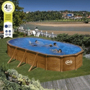 Piscine ovale acier 7,44m x 3,99m x h: 1,22m - imitation bois - filtration à sable - renforts apparents