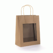 Sac kraft fenêtre brun 22x11x28cm - par 12 - en papier kraft recyclé avec poignées torsadées