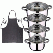 BERGNER - Batterie de cuisine DINA 8 pcs 16/18/20/24cm en acier inoxydable compatible induction avec Tablier de Cuisine Gris Foncé 100% Coton 75x80cm BERGNER - Batterie de cuisine DINA 8 pcs 16/18/20/24cm en acier inoxydable compatible induction avec Tablier de Cuisine Gris Foncé 100% Coton 75x80cm
