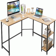COSTWAY Bureau en L, d'Angle 137x137x75,5 cm, avec 2 Étagères et Repose-pieds, Gain de Place, Naturel - marron Bois manufacturé ON32612ZM