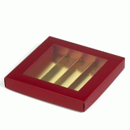 Coffret chocolats rouge intérieur or avec fenêtre 17.6x17.3x2.6 cm - par 12
