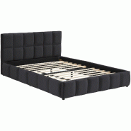 TecTake GmbH tectake lit rembourré SHIRLEY, sommier à lattes intégré, base bois acier solide, 193x220x93 cm, velours noir - noir Bois manufacturé