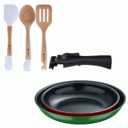 BERGNER - Lot de 2 poêles Ø22/26 cm en aluminium pressé avec poignée amovible et lot de 3 ustensiles de cuisine en silicone et bois - PK9633