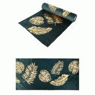 Chemin de table velours vert feuilles dorées 28cm x 3m