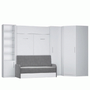 COMPOSITION LIT ESCAMOTABLE BLANC MAT DYNAMO SOFA CANAPÉ + ACCOUDOIRS GRIS 2 COLONNES + ANGLE 140*200