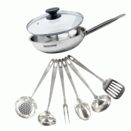 Set poêle 28 cm en inox, couvercle verre et 6 ustensiles inox Fackelmann Eterna - Acier inoxydable 18/10 3176239944013