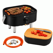 Barbecue à Gaz Portable Compact 2,7kW Grille en Fonte Mini Barbecue de Table Noir Planche à Découper Bois 2 à 4 Personnes Sahara - noir 5391535340590