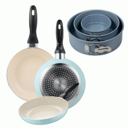 BERGNER - Ensemble de 3 poêles Ø16/Ø20/Ø24 cm en aluminium embouti bleu ciel avec ensemble de 3 moules ronds pour four Ø12/Ø18/Ø22 cm - alumini