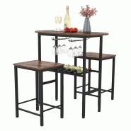 COSTWAY Ensemble table de bar et tabourets de bar, ensemble table de bar pour 2 personnes avec supports pour verres à vin et bouteilles - marron Bois COSTWAY Ensemble table de bar et tabourets de bar, ensemble table de bar pour 2 personnes avec supports pour verres à vin et bouteilles - marron Bois