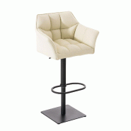Décoshop26 - Tabouret de bar chaise haute de comptoir couture carrées assise en PVC crème cadre en métal blanc 10_0004675 - beige métal 3000252228617