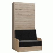 ARMOIRE LIT ESCAMOTABLE DYNAMO SOFA CANAPÉ ACCOUDOIRS CHÊNE NATUREL TISSU ANTHRACITE 90*200 CM