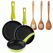 BERGNER - Ensemble de 3 poêles Ø20/Ø24/Ø28 cm en aluminium embouti Molen Vert avec ensemble de 3 ustensiles de cuisine Xmart 32,8 × 33 × 7 × 1,